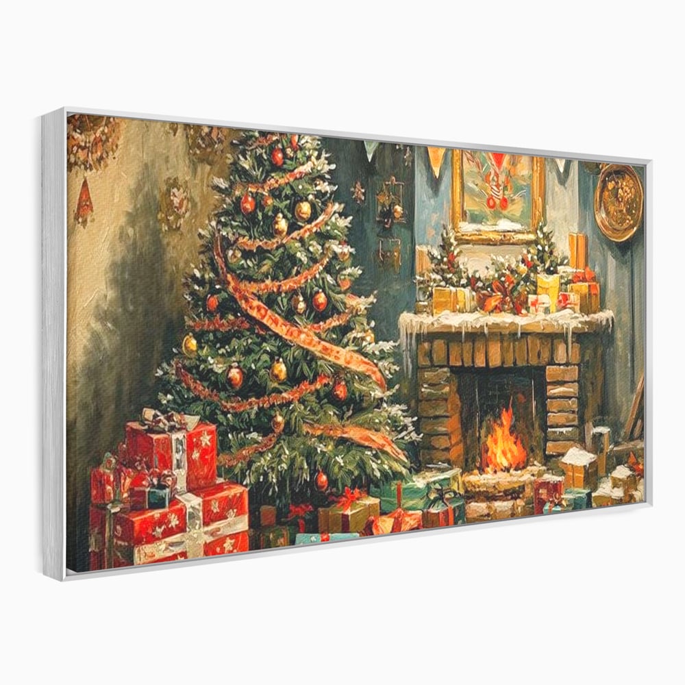 Tablou canvas cu pictura cu brad de craciun si semineu, in rama de aluminiu argintiu